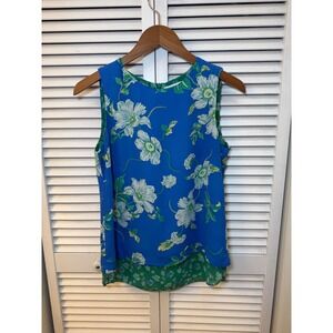 Rose + Olive Womens Blue Green Floral Sleeveless Layered Blouse XS